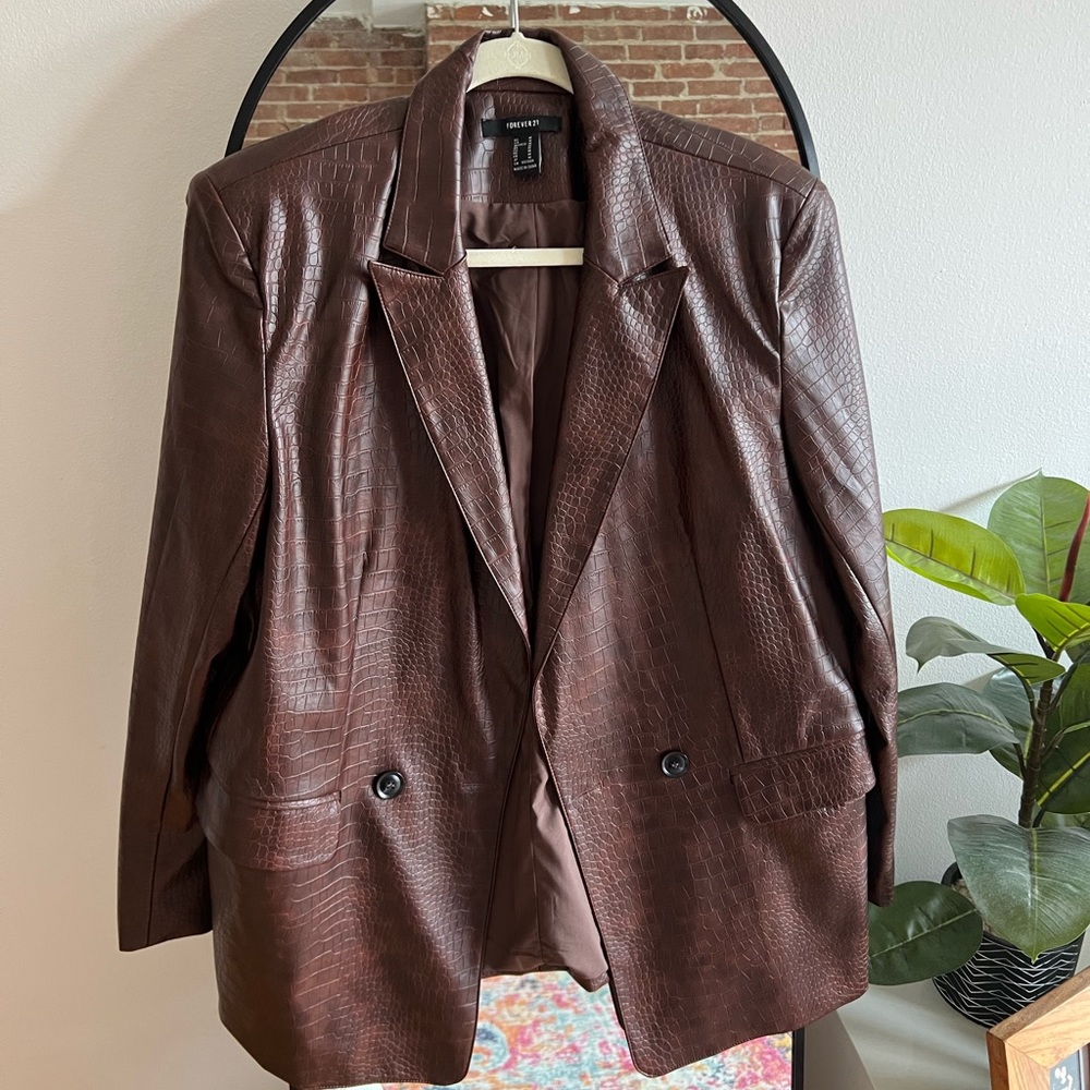 Brown Faux Leather Crocodile Print Blazer
